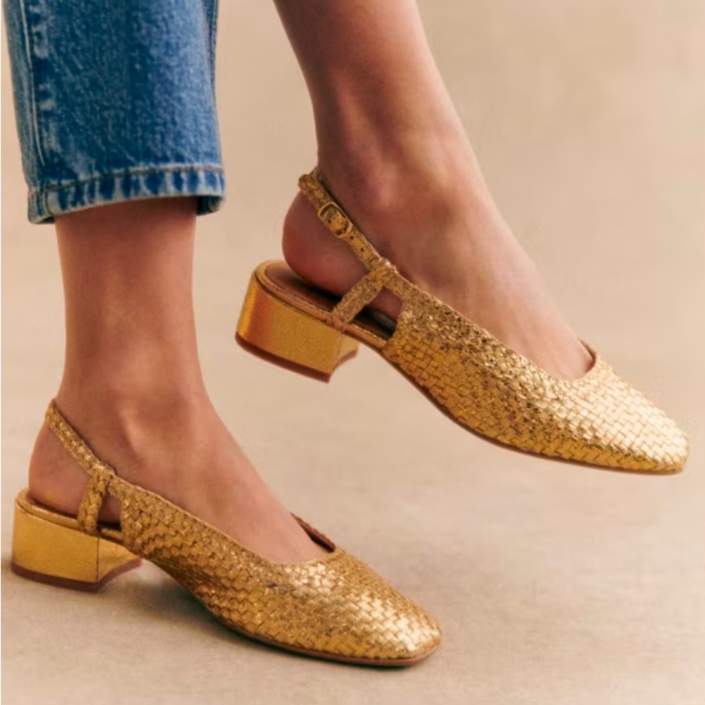 Sezane Gold Woven Slingback Flats